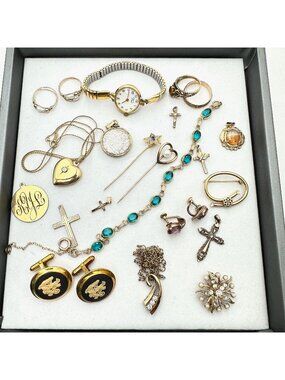 Antique Vintage Jewelry Lot Gold Filled 90 Grams Locket Stick Pins and more